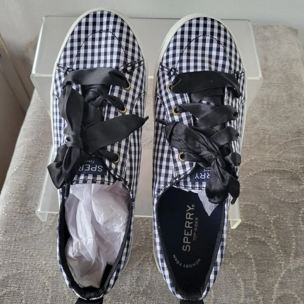 NWT - Sperry Top Sider Tennis Shoes Black/White Gingham Satin Laces (Size: 6.5)